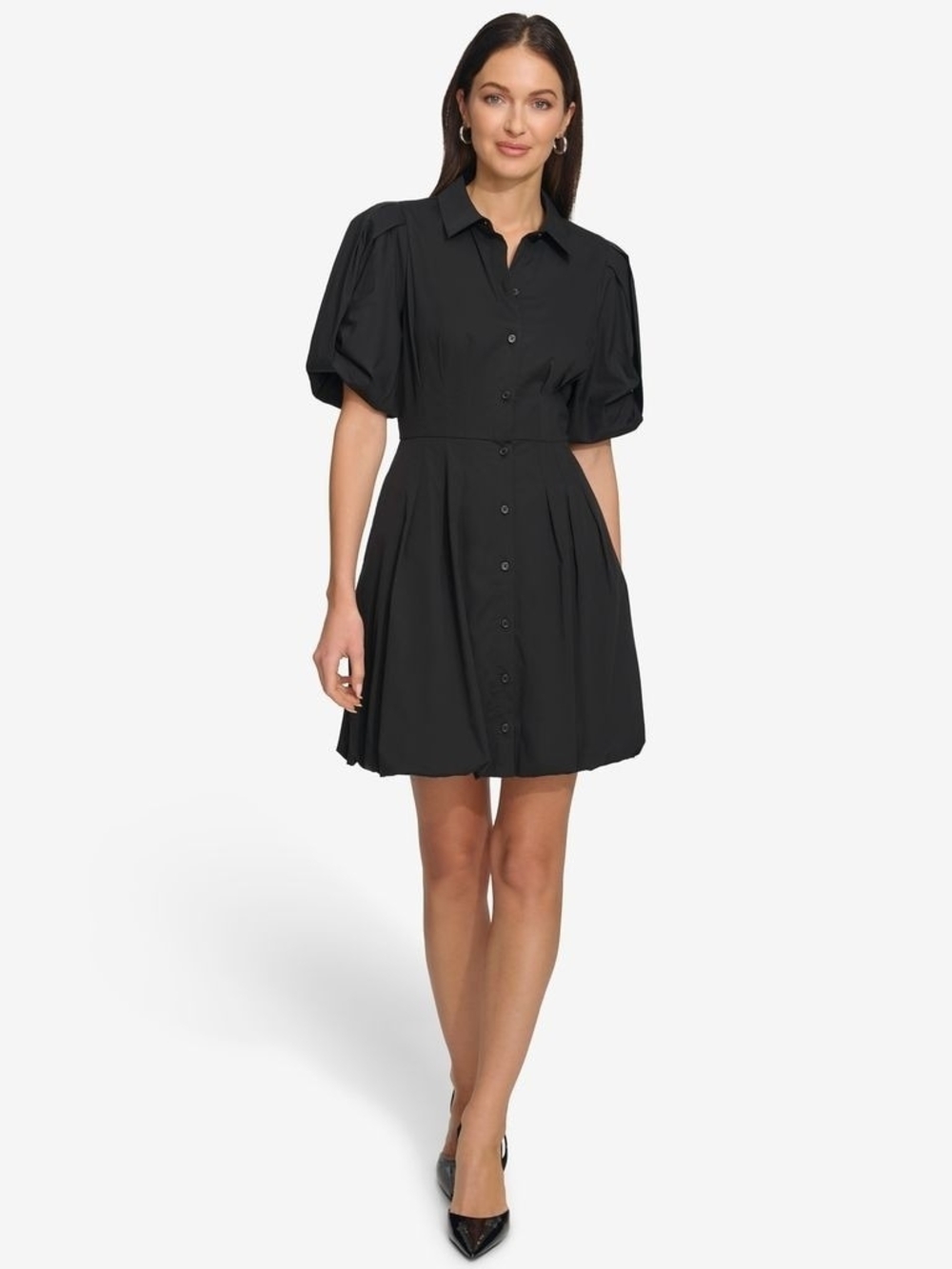 Dkny Black Puff-Sleeve Button Front Mini Dress